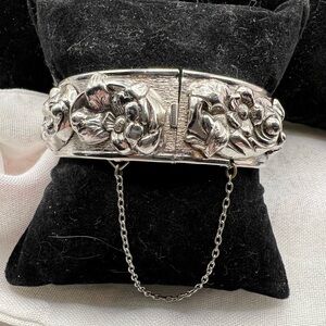 Repousse Silver Tone Floral Bracelet with security chain